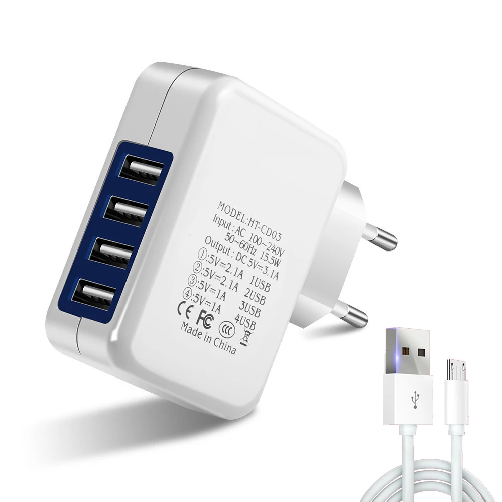4 USB Ports EU Charger 5V 3.1A Phone Tablet Fast Charging Adapter Cable Micro USB Multi-function 15W Power Adapters for Apple