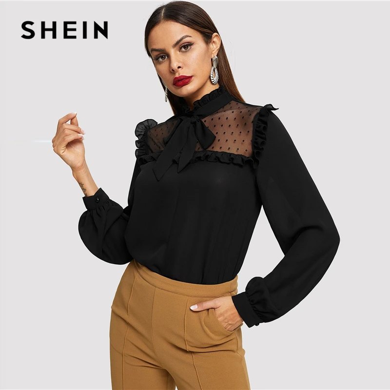 

SHEIN Black Tie Neck Dot Mesh Yoke Top Stand Collar Long Sleeve Plain Blouse Women Autumn Elegant Workwear Minimalist Blouses