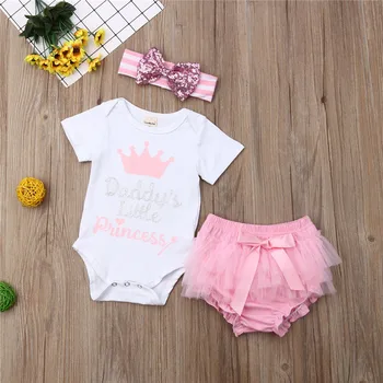 

Newborn Baby Girls free shipping clothes bow striped Headband Tulle Bandage shorts round neck letter print Bodysuit 3pc Outfit