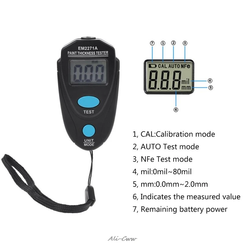 

EM2271/EM2271A Mini LCD Digital Automobile Thickness Gauge Car Paint Tester Display Thickness Coating Meter Testing Instrument