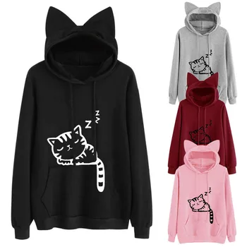 

2018 Harajuku Hooded Women Hoodie Sweatshirt With Ears Female Kawaii Clothes Pink Sweet Cat Print Moletom Winter Pullovers DG207