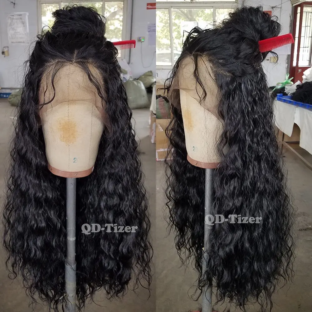 QD-Tizer 180% Density Black Loose Hair Synthetic Lace Wigs Long Loose Curly Synthetic Lace Front Wigs for Black Women
