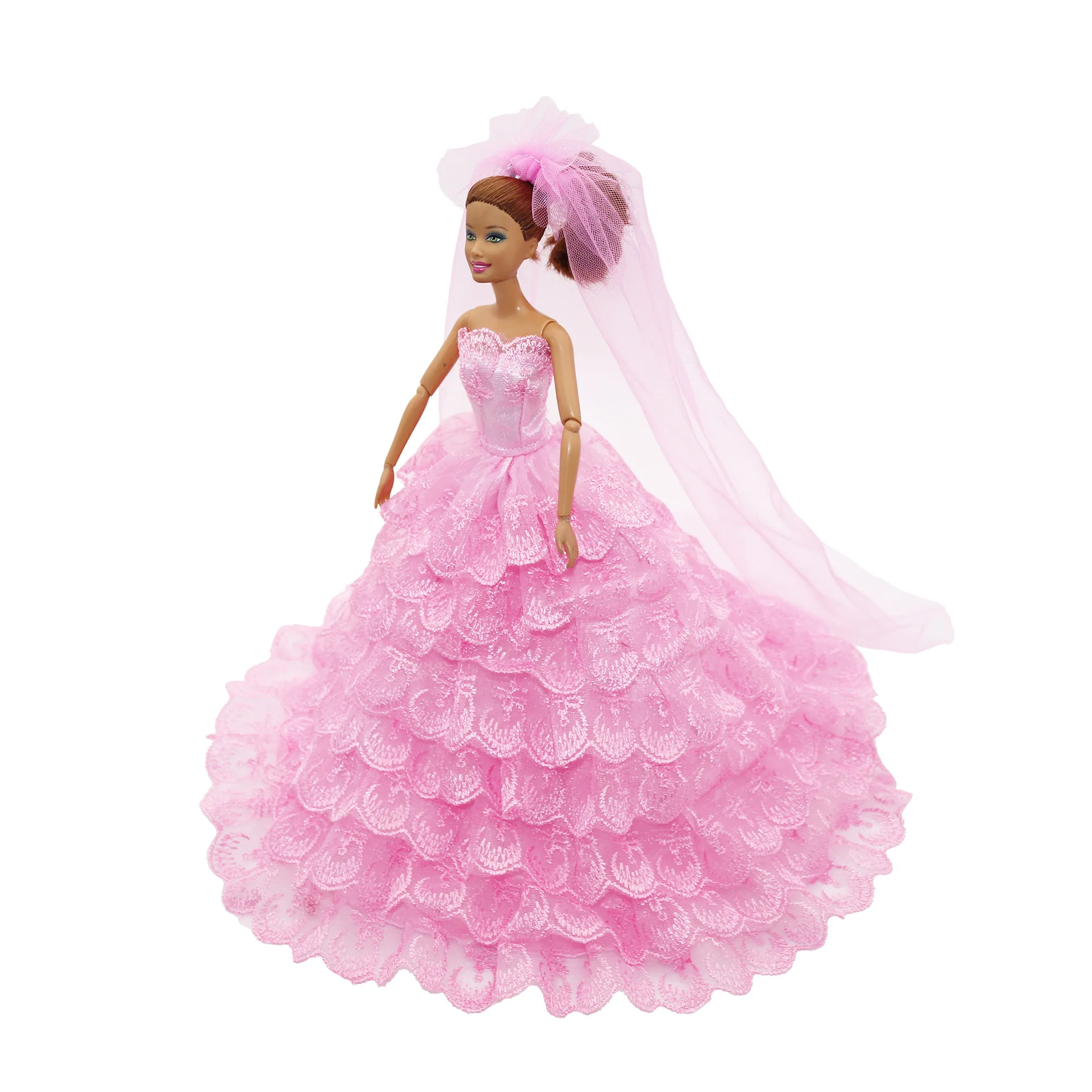 Handmade Wedding Dress for Pretty Doll Princess Evening Party Clothes Wears Long Dress Outfit Set for Barbie Doll with Veil