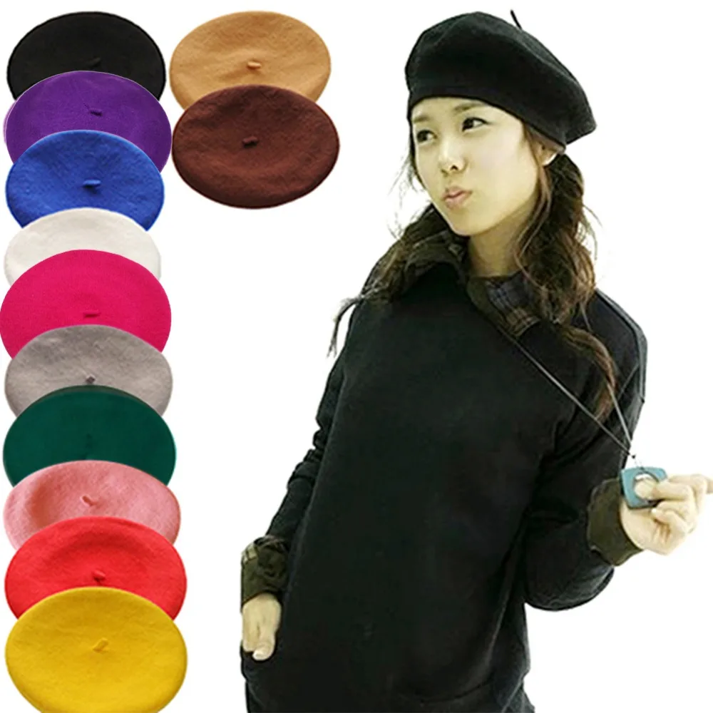 

Hot Sell 2019 Cheap Fashion New Women Wool Solid Color Beret Female Bonnet Caps Winter All Matched Warm Walking Hat Cap 16 Color