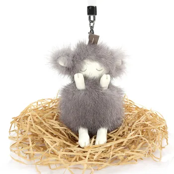 

Luxury Real Mink Fur Fluffy Pom Pom Sleeping Sheep Leather Key Chains Keychain Rings Black Car Hanging Bag Pendant Charm Gift