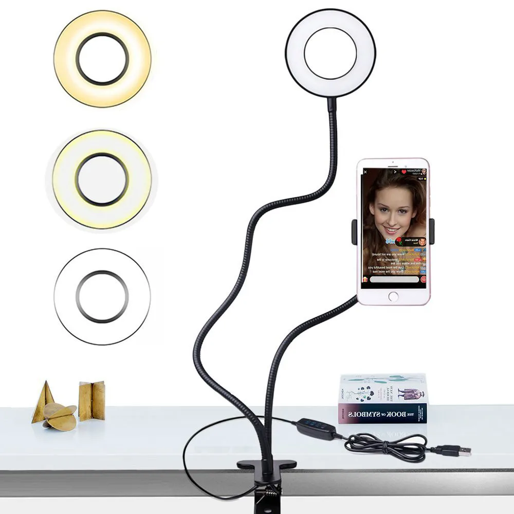 

Wrumava Dimmable Selfie Ring Light with Flexible Mobile Phone Holder Lazy Bracket Desk Lamp LED Light for Live Stream Office Kit