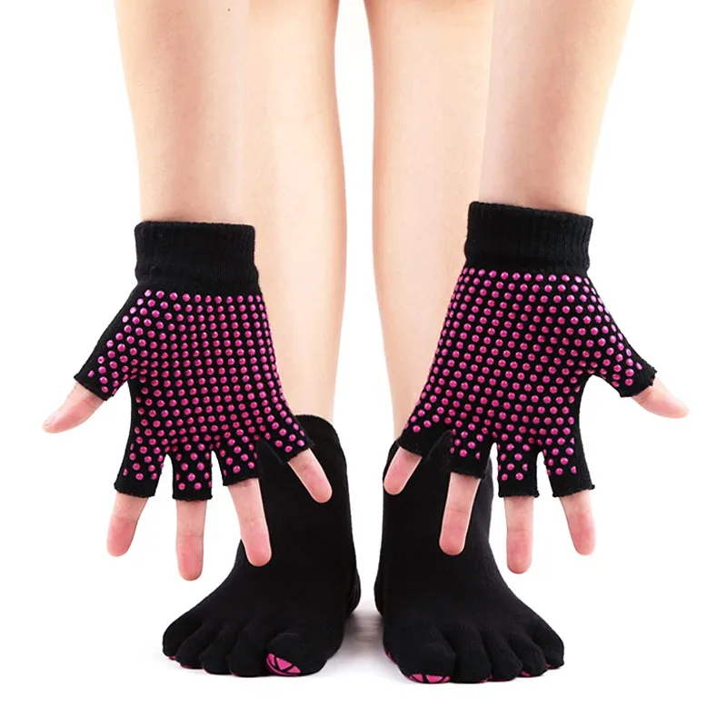 Хлопковые перчатки для йоги носки аксессуары для фитнеса и йоги для Для женщин носки с пятью пальцами Профессиональный нескользящие носки для йоги, пилатеса перчатки Комплект