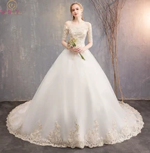 White Wedding Dress 2019 Summer New Off Shoulder Half Sleeves Tulle Strapless Court Train Lace-up Floor Length Ball Bridal Gown lace off shoulder half sleeves womens dress