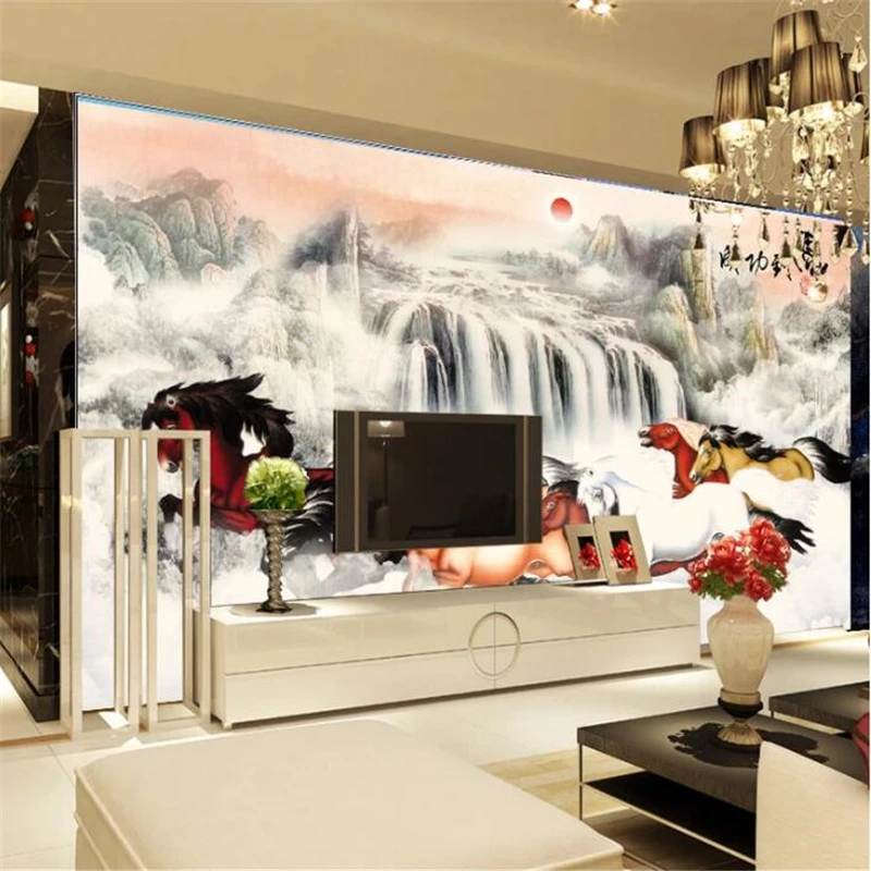 

Custom wallpaper 3D mural papier peint living room muse style eight horses waterfall Chinese painting TV background wall paper