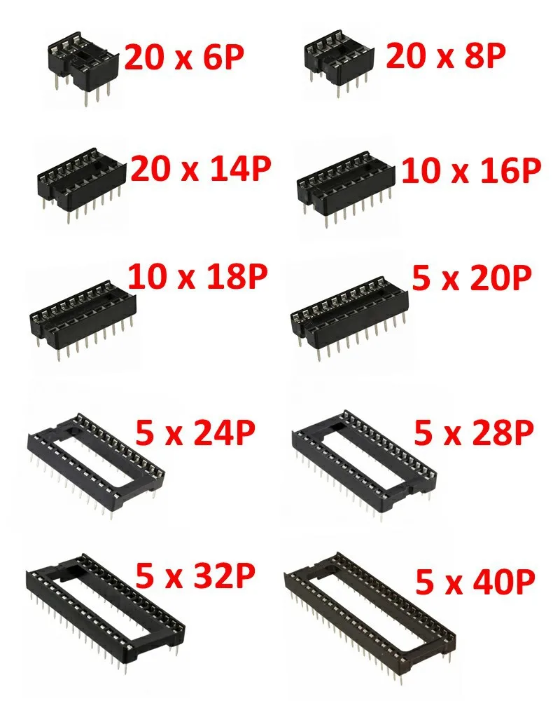 PHISCALE 105 шт. IC Разъем 10 значений dip 6P 8P 14P 16P 18P 20P 24P 28P 32P 40P адаптер припоя Тип Комплект розеток для ICs