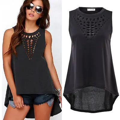 

New Fashion Women Black Hollow Out Sleeveless T-Shirts Solid Tops Summer T-Shirts Plus Size