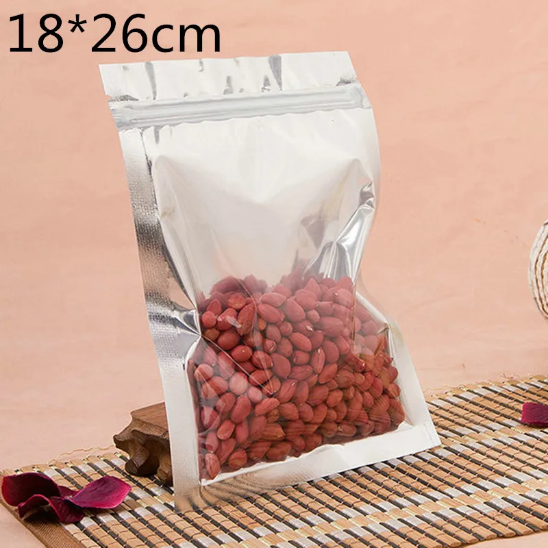 

18x26cm,100pcs Reusable Translucent Aluminium foil Bag Zip Lock Grip seal /Silver Metallic foil plastic pouch front clear