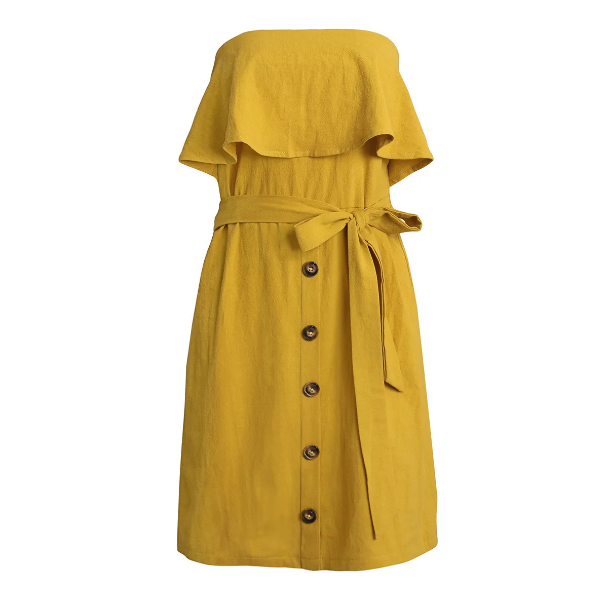 Lossky Summer Dress Women 2018 Sexy New Cotton And Linen Bandage Dresses Ruffles Wrapped Chest Women's Summer Yellow Midi Dress Lossky Summer Dress Women 2018 Sexy New Cotton And Linen Bandage Dresses Ruffles Wrapped Chest Women's Summer Yellow Midi Dress