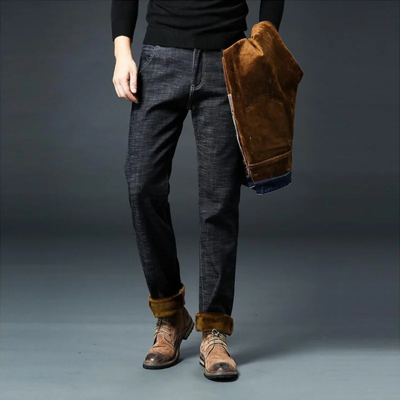 Большой Размеры 28-46 модные зимние джинсы Для мужчин современный город Повседневное толстые теплые джинсы Slim Fit эластичный черный Цвет
