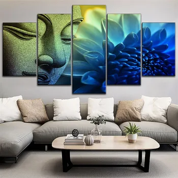 

5 Piece Side face Buddha statue and flower Pictures On Modern Home Living Room Decor Wall Art Canvas Printing Modern Pictures