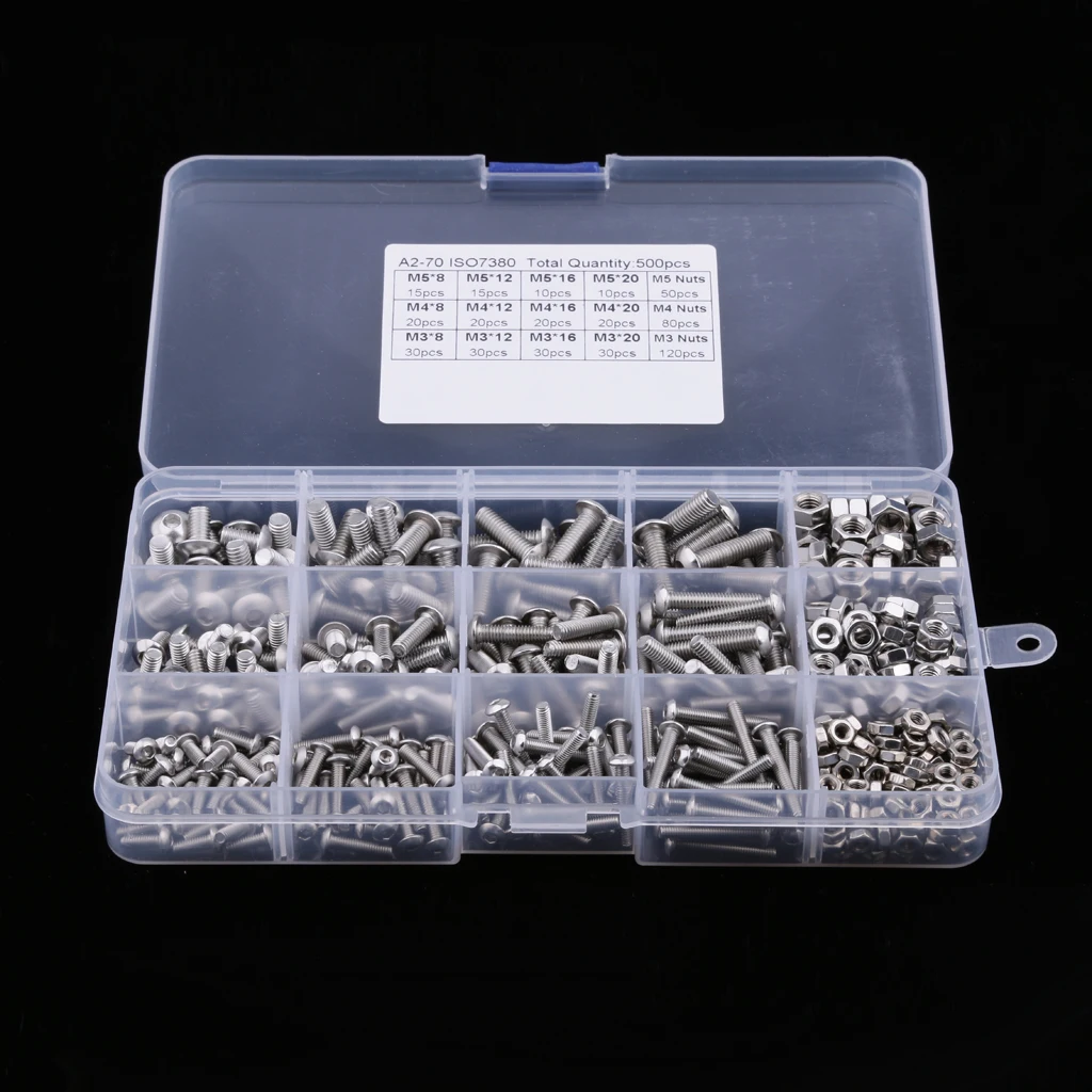 Hilitchi 460-Piece M3 M4 M5 Stainless Steel Button Head Screw Assortment Kit - Hex Socket, With Nuts