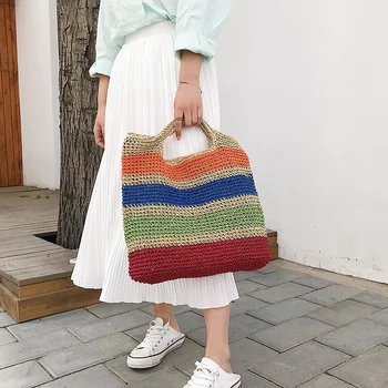 

FGGS-Fashion Crochet Summer Beach Bags Colorful Straw Bag Tasselled Women Travel Handmade Handbags Girl Tote Bag