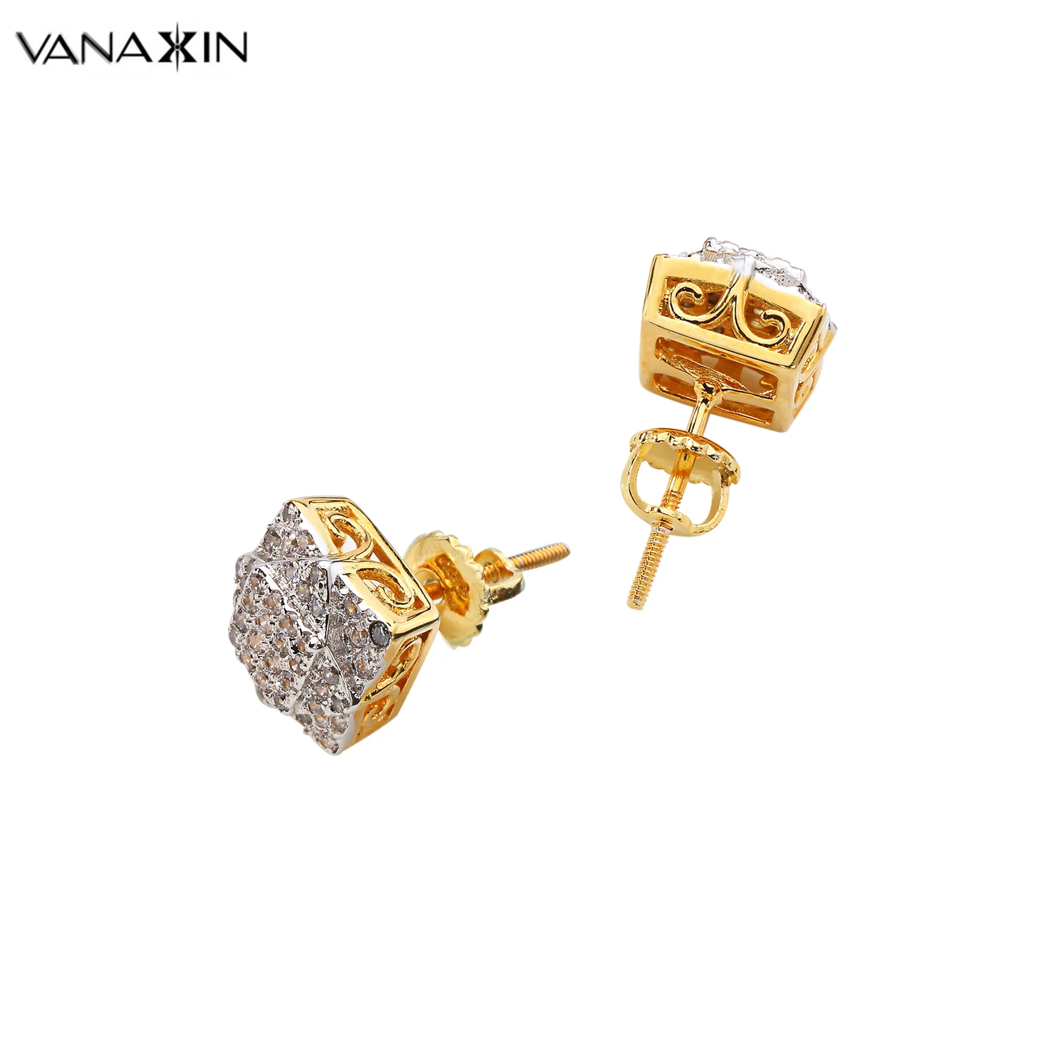 

VANAXIN Earrings Hiphop Iced Out AAA CZ Rhodium Plated Micro Pave Screw Back Stud Earrings Women CC Fashion Men Brass Jewelry