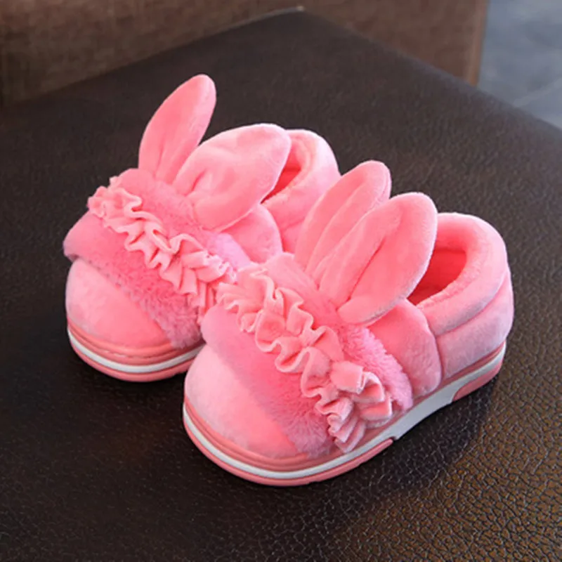 Хлопковые тапочки для маленьких девочек; Зимняя Детская домашняя обувь; домашние тапочки для мальчиков; Теплая обувь из плюша и бархата; нескользящая Мягкая подошва - Цвет: watermelon red
