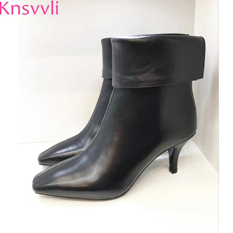 

Knsvvli women shoes 2018 autumm winter small square toes genuine leather boots femme flanging high heels ankle boots women