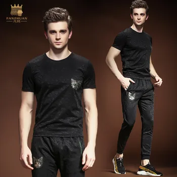 

Fanzhuan Free Shipping New casual 2018 male Men's Summer suit man trousers T-shirt top pants jacquard two-piece set 811010