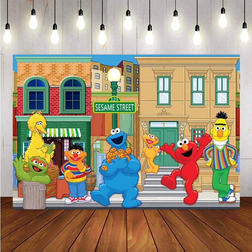 

Sesame Street Backdrops for Photography Brick Wall Cartoon Birthday Theme Party Photo Background Shoot for Kids Photographic