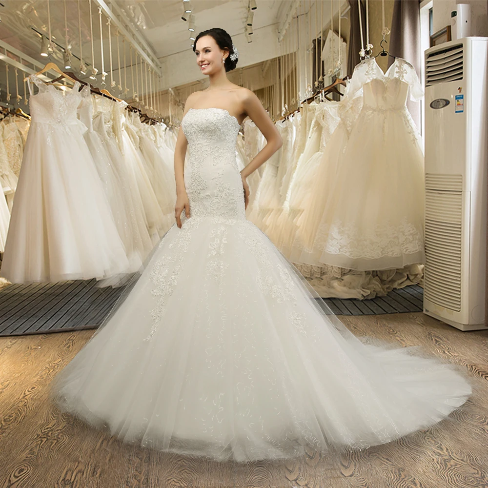 Q 029 Sexy Strapless Tulle Lace Appliques Luxury Beaded Mermaid