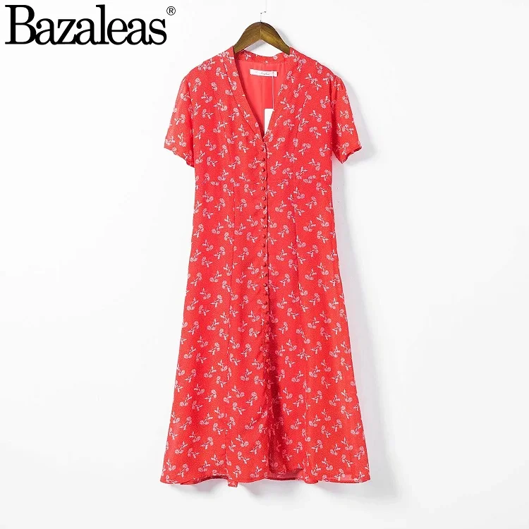 Женское платье с глубоким v-образным вырезом во французском стиле, летнее платье с цветочным принтом и коротким рукавом, расклешенное платье vestidos, Средний теленок, платье - Цвет: W1394 red