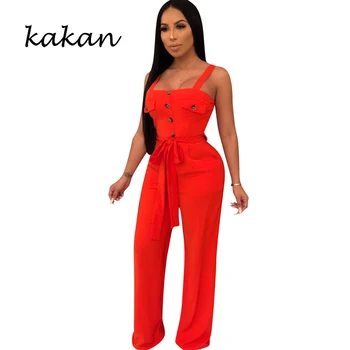 

Kakan 2019 spring new sexy women's jumpsuit loose casual button straps jumpsuit yellow red black jumpsuit