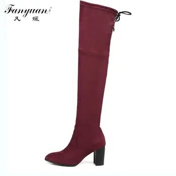 

2017 Hot Women Stretch Slim Thigh High Boots Sexy Fashion Over the Knee Boots High Heels Woman Black Gray Wine Pointed shoes