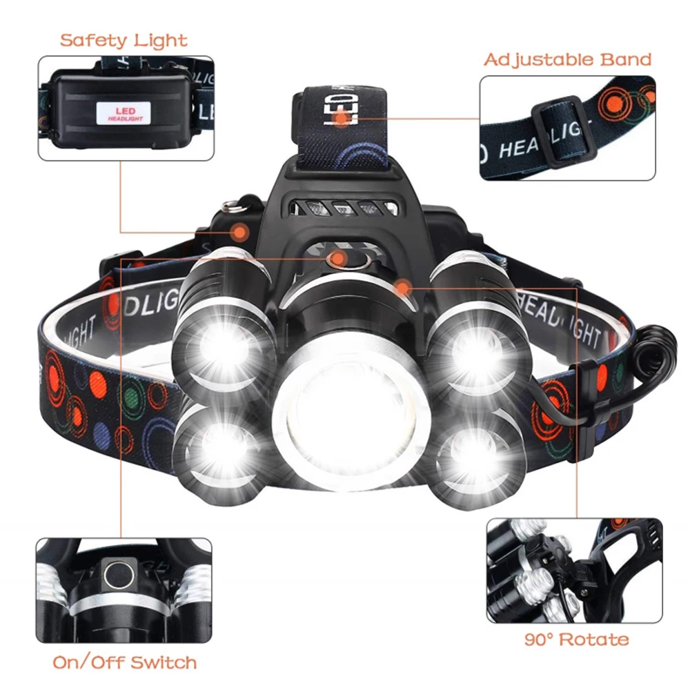 Мощный светодиодный налобный фонарь T6, водонепроницаемый налобный фонарь с 4 режимами яркого освещения, Головной фонарь с аккумулятором 18650