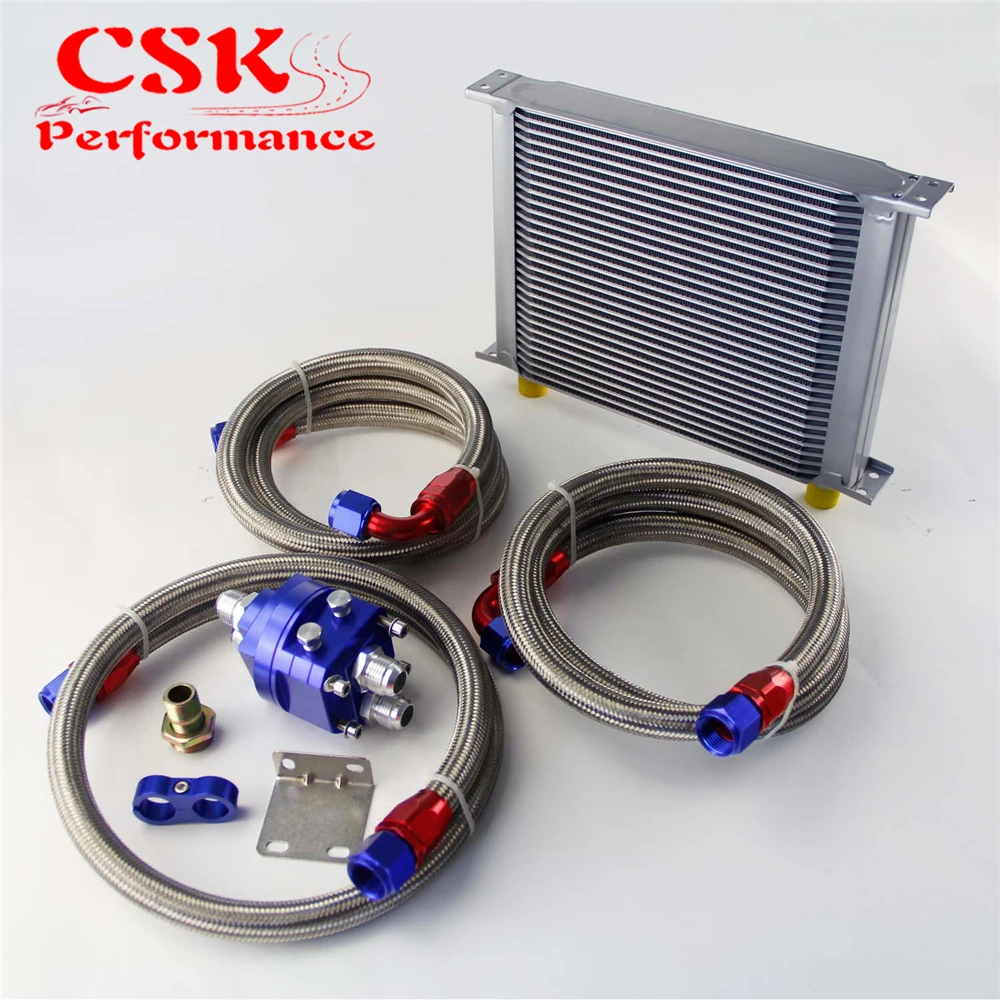 

30 Row AN10 Universal Engine Transmission Oil Cooler British Type + Filter Adapter Kit Silver/Blue/Black