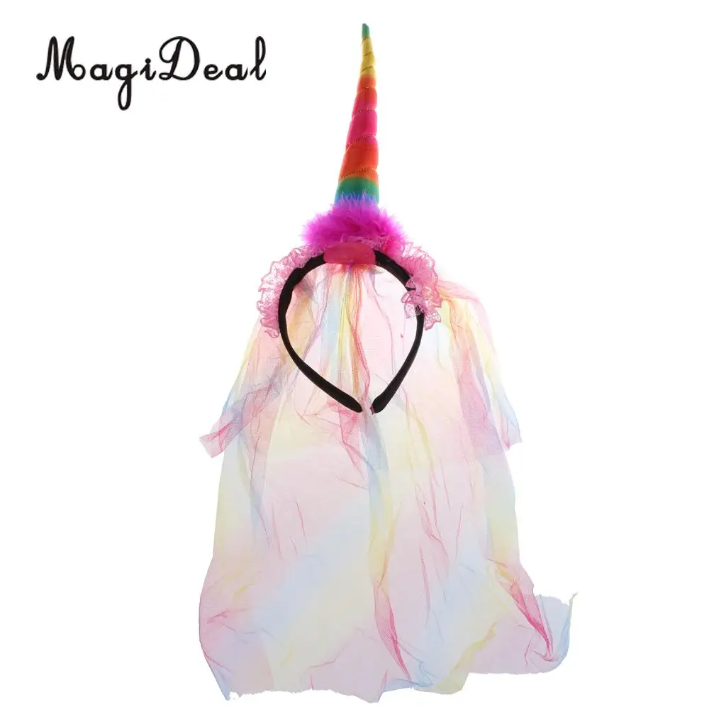 MagiDeal Lovely Colorful Unicorn Horn Fluffy Headband&Veil Craft for Cosplay Party Fancy Dress ...