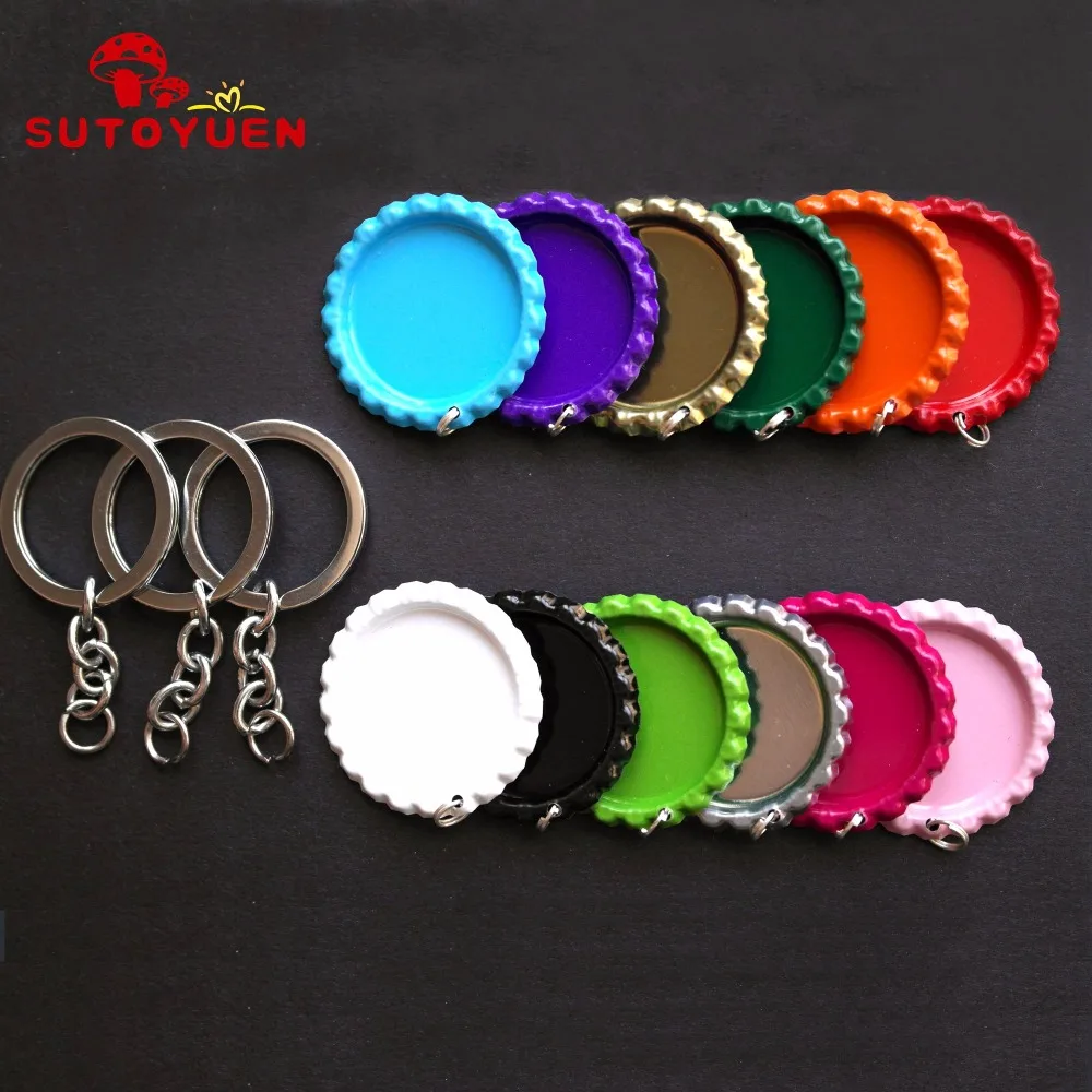 

Free Shipping 20 Pcs Colourful Flattened Bottle Caps With Holes and Rings +20Pcs Keychain for DIY Key chain Jewelry