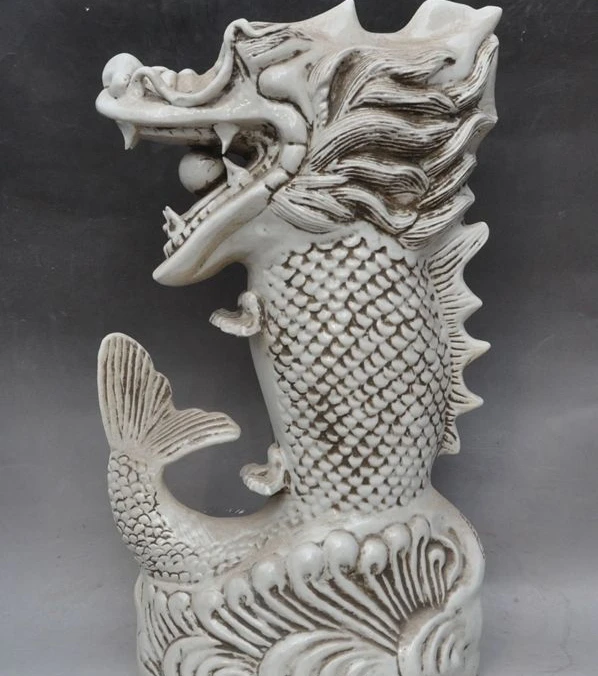 

20"china palace fengshui white Porcelain animal dragon head fish Statue Figurine