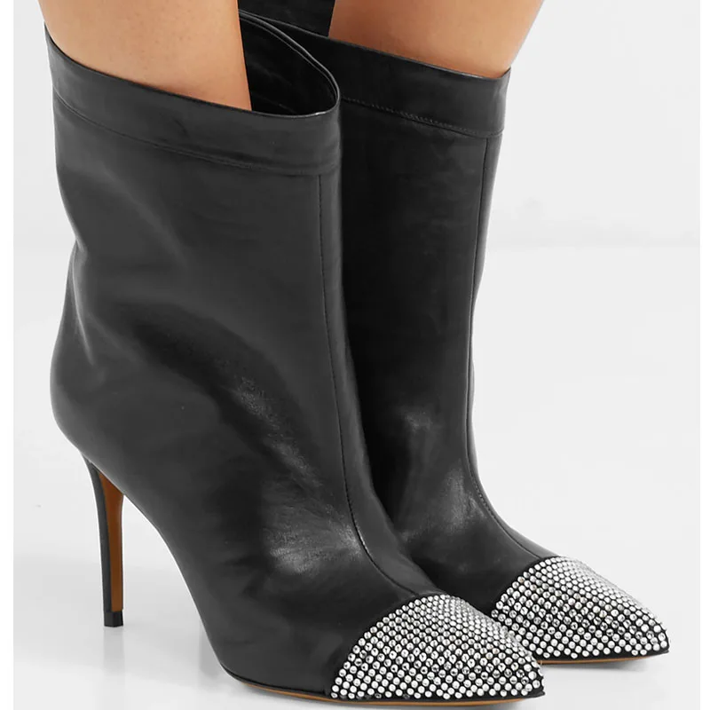 

2019 autumn winter women boots Fashion design thin high heels ankle boots Genuine leather Crystal toe women shoes Black pump