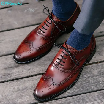 

QYFCIOUFU Luxury Designer Brogue Mens Dress Shoes Genuine Leather Pointed Toe Men Party Wedding Shoes High Quality Oxford Shoes