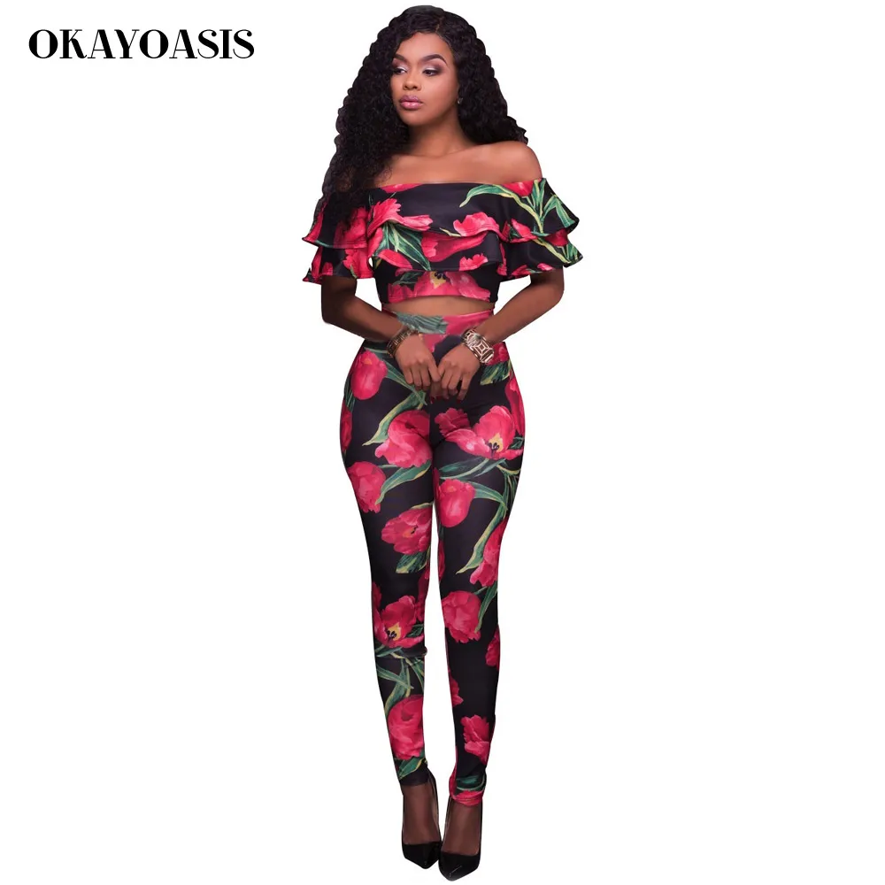 

OKAYOASIS Summer Straps Floral Print Jumpsuit Two Piece Elegant Ladies Sexy Long Rompers Womens Jumpsuit Bodycon Overalls Femme