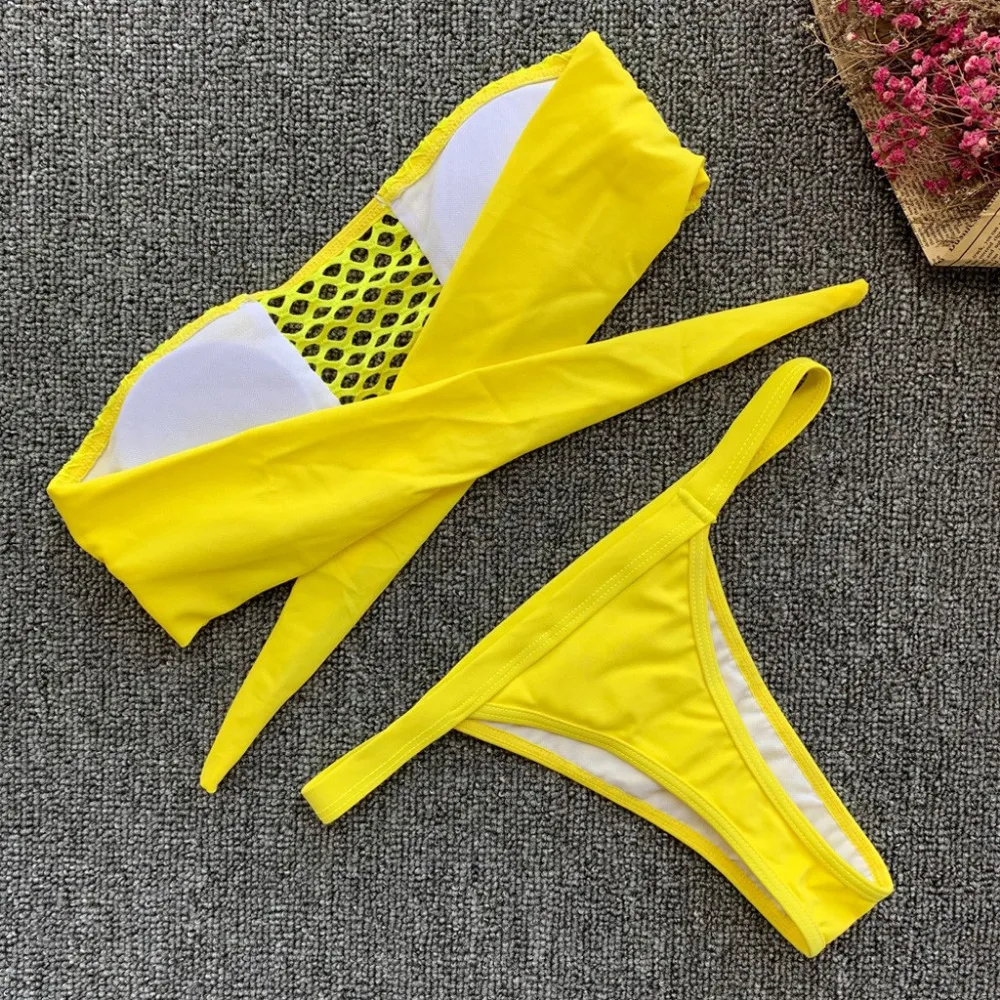 2019 bikinis sexy swimwear women solid color split women's bandage mesh swimsuit sexy beach bikini set swimsuit push up 40J19 (16)