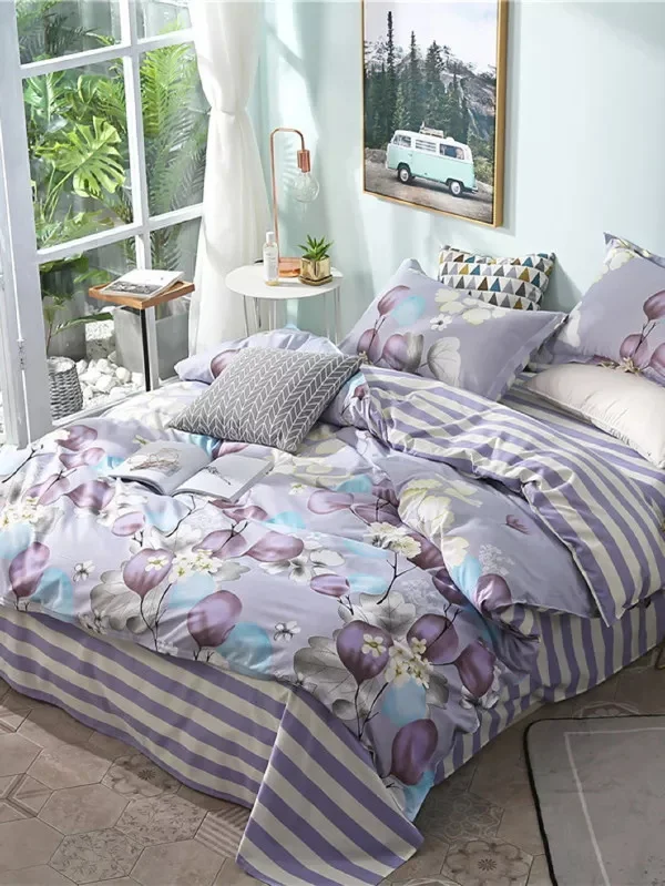 

Purple Flower Woman Adult Linen Queen Single Bedding Set Girl Teenage Duvet Cover Pillowcase Stripe Sheets