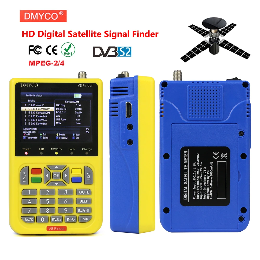 

Satellite Finder Meter V8 Finder HD 3.4 inch LCD DVB-S2 SatFinder MPEG-2 MPEG-4 with 3000mA Battery FTA Receptor V8 Sat finder