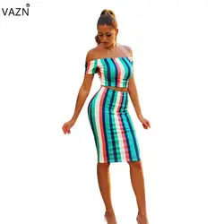 VAZN 2018 модная летняя продаж полосатый Оболочка короткое платье женщины с коротким рукавом slash шеи платье дамы выдалбливают Короткие платья