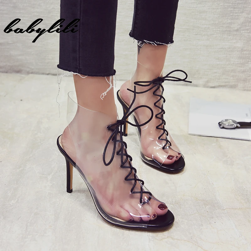 

2019 PVC Gladiator Sandals Crystal Open Toed High Heels Women Transparent Heel Sandals Slippers 10cm Party Woman Shoe Lace-up