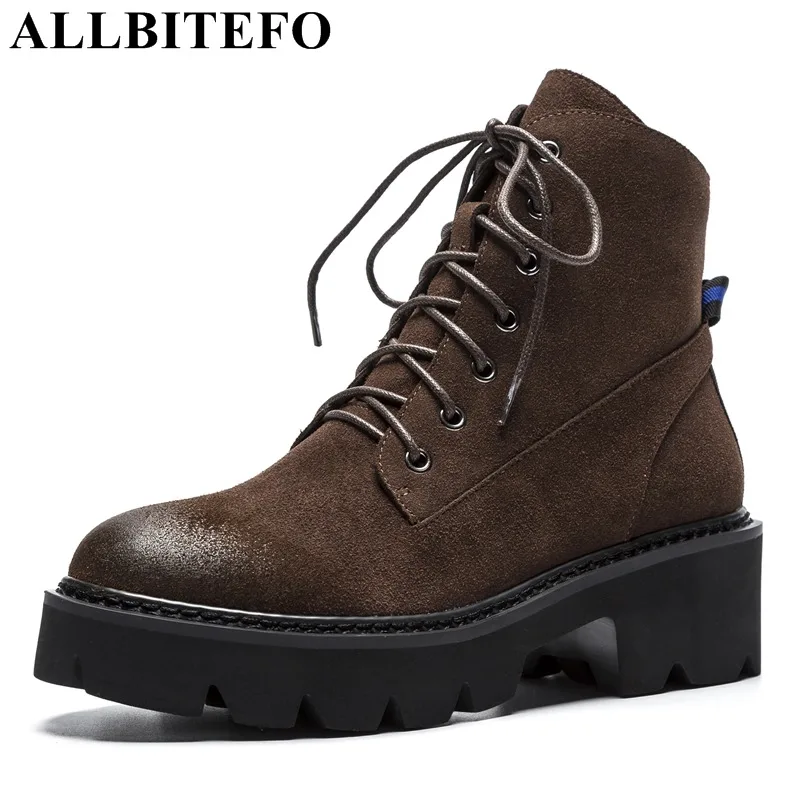 

ALLBITEFO 2018 new genuine leather thick heel women boots fashion brand high heels ankle boots winter girls motorcycle boots