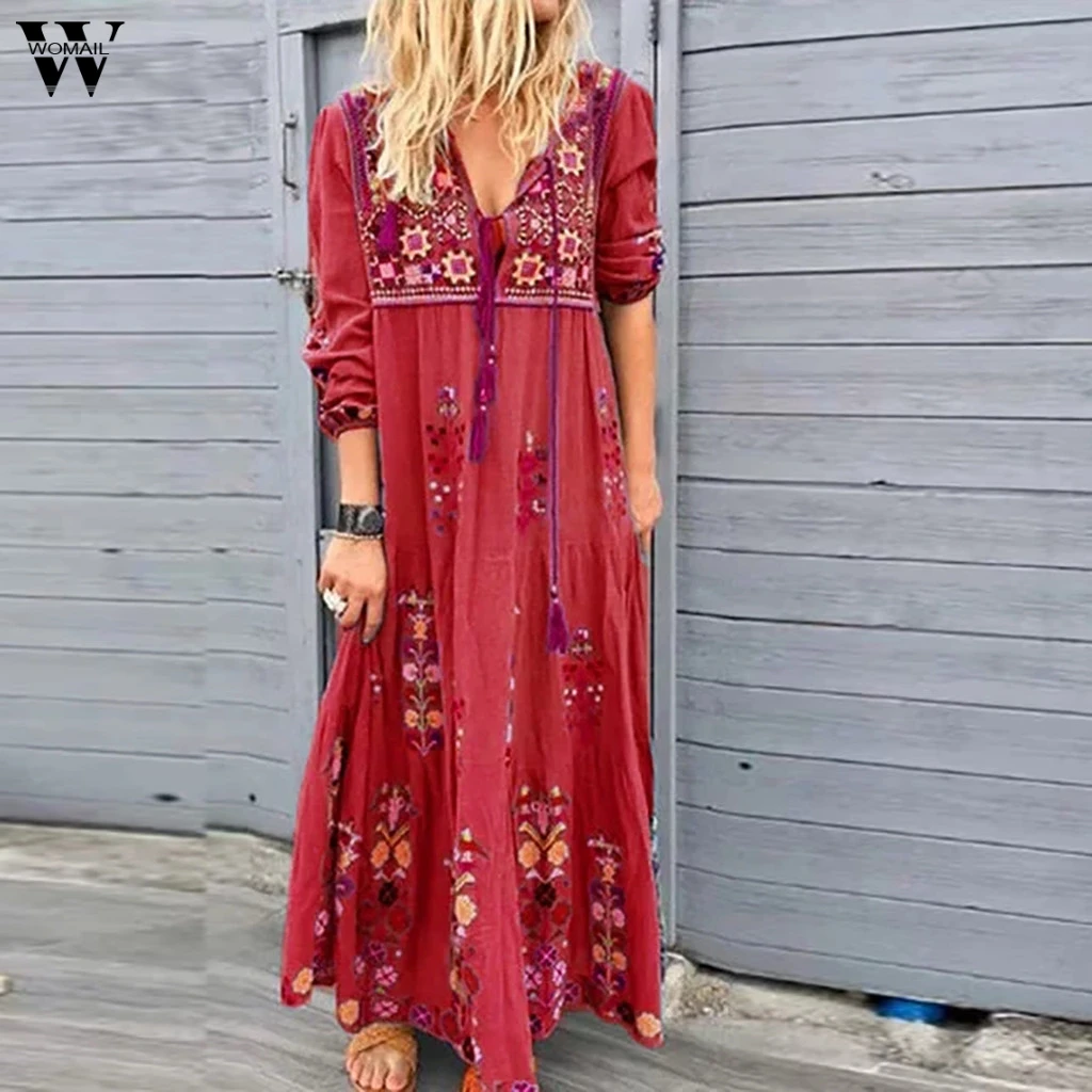 

Elegant Women Plus Size V Neck Print Lace Up Long Sleeve Boho Midi Dress Party Maxi Summer Plus Size Dress vestidos femininos