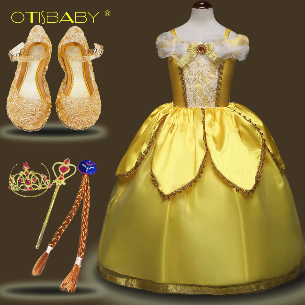 

Girl Princess Belle Dress + Accessories + Crystal Shoes Summer Children Clothing Set Kids Queen Flounce Blouse Prom Party Dress