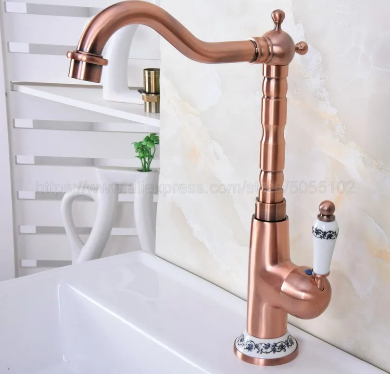 Bathroom Single Handle Hole Hot Cold Water Mixer Taps Wash Basin Bathroom Kitchen Deck Mounted Antique Red Copper znf625