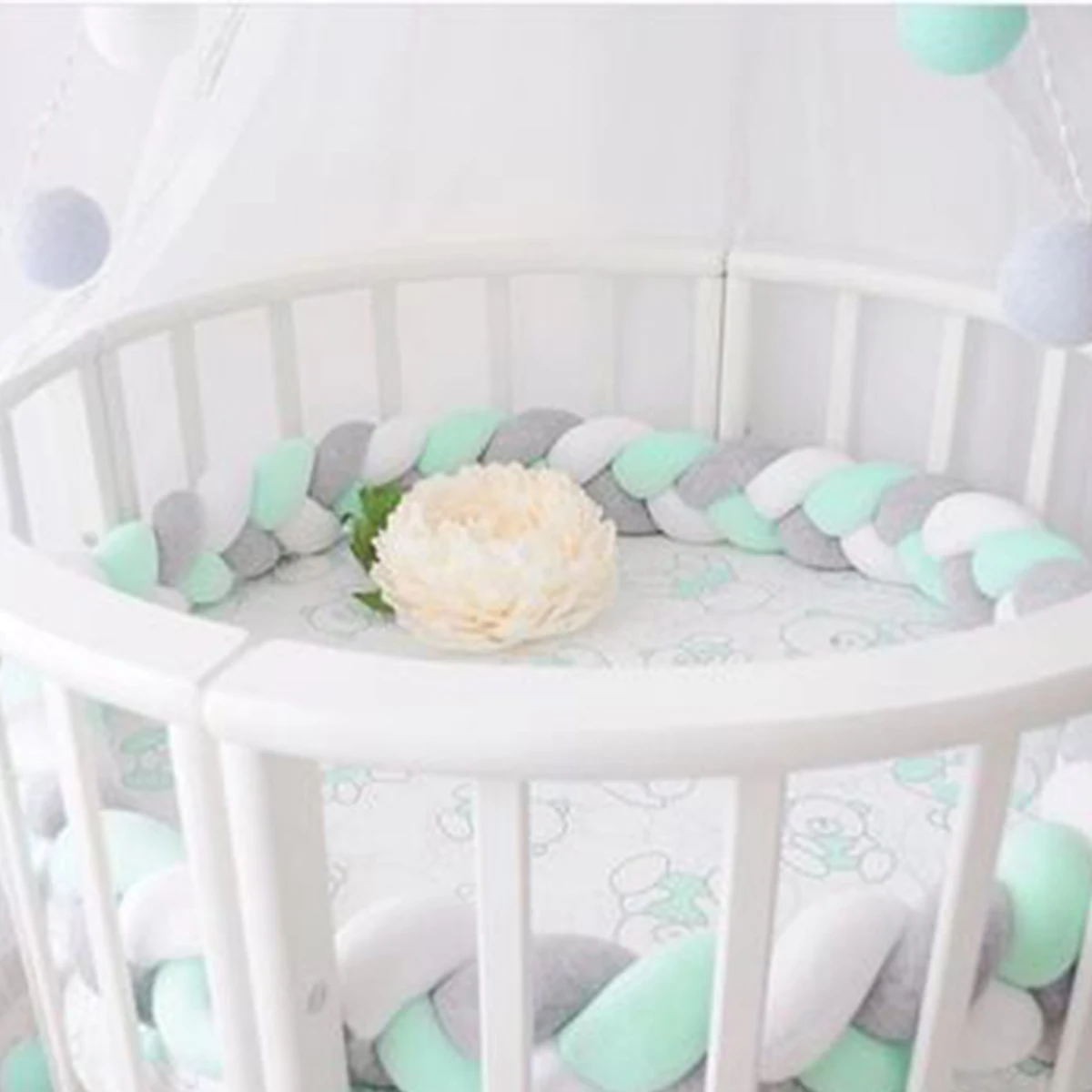 300CM Nordic Baby Bumper Infant Children Bedding Stuffs Kids Room Cushion Cotton Soft Knit Long Knot Ball Pillow Bed Protector