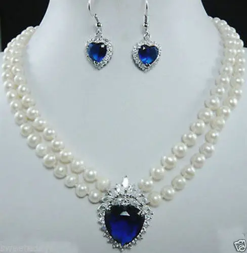 

Jewelry 001195 2 row red jade white pearl wedding necklace pendant earring set