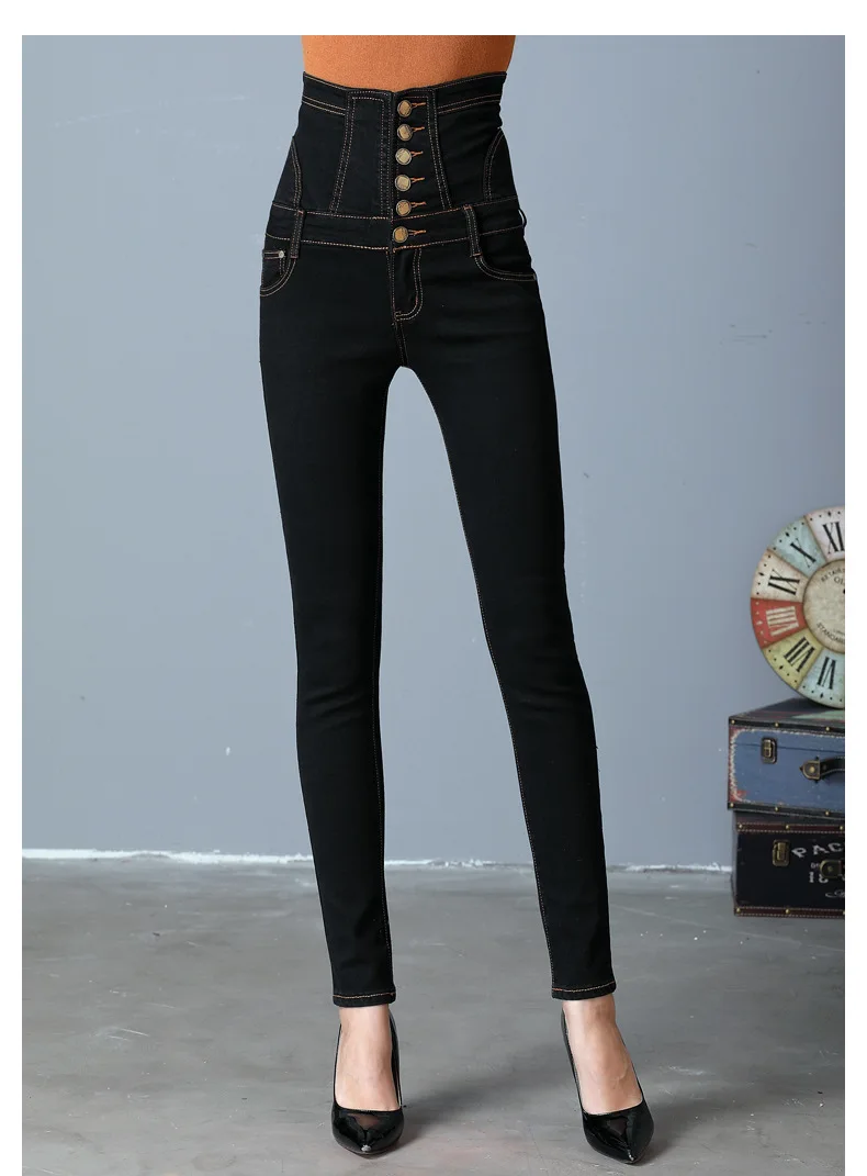 67 Для женщин Waismeup черный Высокая Талия Высокая эластичные большого размера стрейч Потертая джинсовая ткань Тощий Карандаш пояс-корсет Штаны модель джинсы